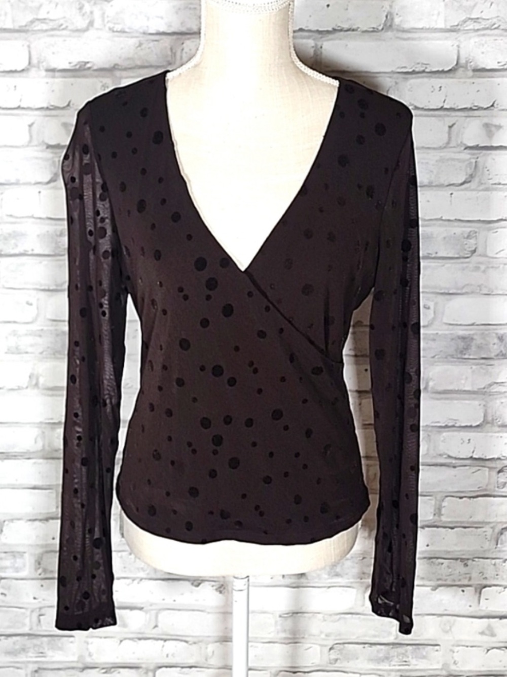 Vintage INC International Concepts Brown Long Sleeve Polka Dot Spotted Blouse